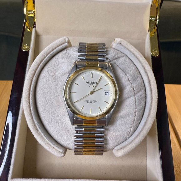 Vintage 1980s Helbros Two Tone Gold/Silver Calendar Watch, 36mm